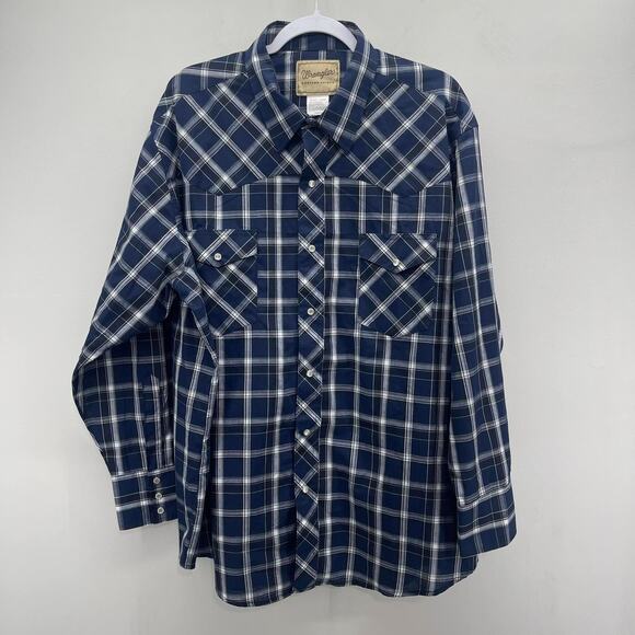 Wrangler Pearl Snap Western Shirt Mens 2XL Big Blue White Plaid Long Sleeve - Picture 1 of 6
